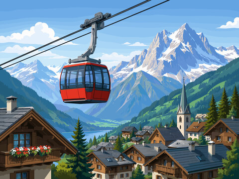 Flat vector illustration of a mountain cable car above alpine village rooftops with scenic tourism atmosphere.