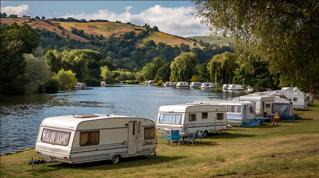 A scenic caravan of campers rests near a tranquil lake, framed by rolling hills and lush vegetation, ideal for travel themes.