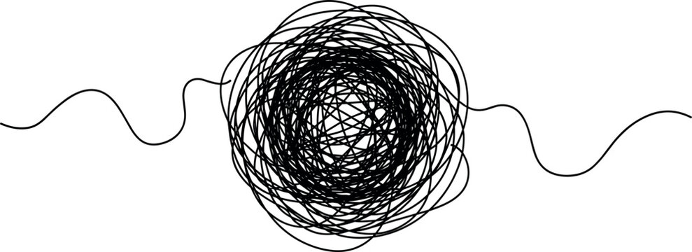 Tangled Chaotic Scribble Line with Messy Knot in Center for Stress, Confusion, Complexity, and Problem Concept Designs