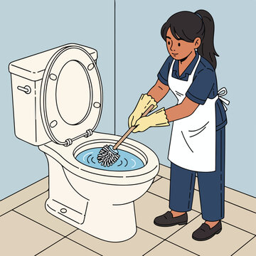 A diligent cleaner wearing gloves and apron scrubs a toilet with a brush in a bathroom