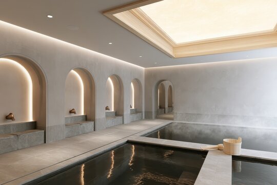 Modern minimalist spa interior featuring stone thermal pools with arched wall niches and soft recessed lighting in a serene wellness center for relaxation and health
