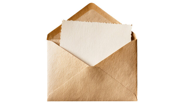 Brown kraft paper envelope with blank card peeking out, isolated on transparent background