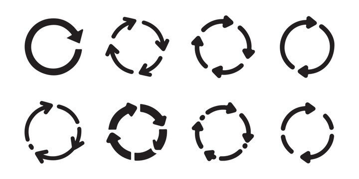 Versatile collection of recycling and rotation icons featuring dashed lines and multi arrow circular movements.