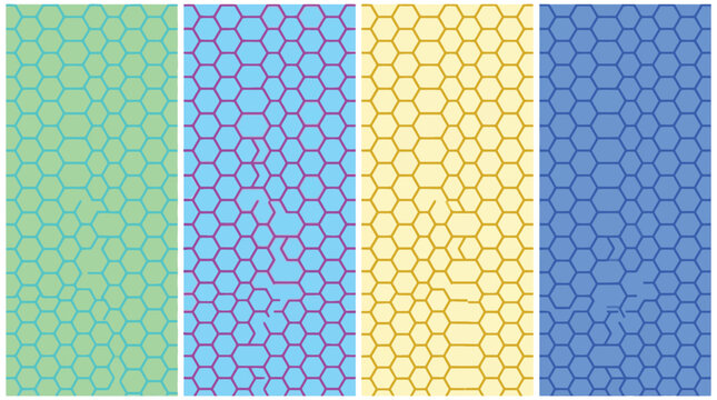 Geometric honeycomb pattern set, abstract hexagon vector backgrounds in green blue and yellow, modern repeating cell texture for web design