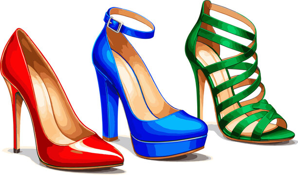 Create a realistic kinds of deferent Colorful high heel shoes vector art with white background..