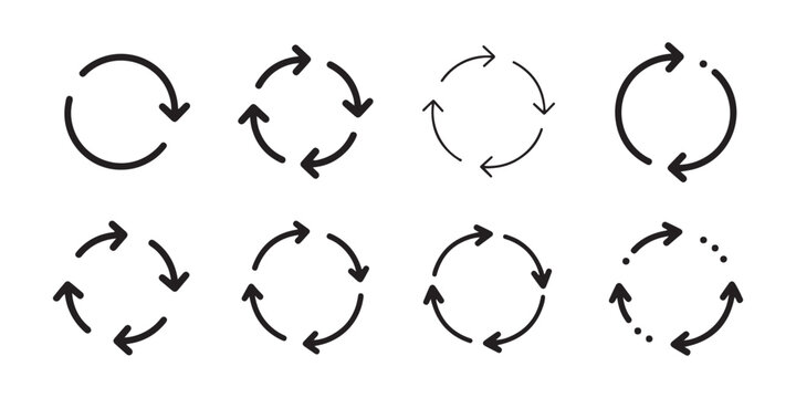 Minimalist circular arrow line icons for web interface refresh and reload actions on transparent background.