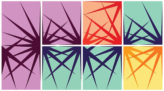 Abstract geometric starburst background set, sharp angular line patterns in 8 colorful vector templates, modern minimalist graphic design covers
