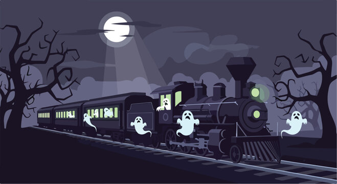 A spooky nighttime scene of a train with ghosts