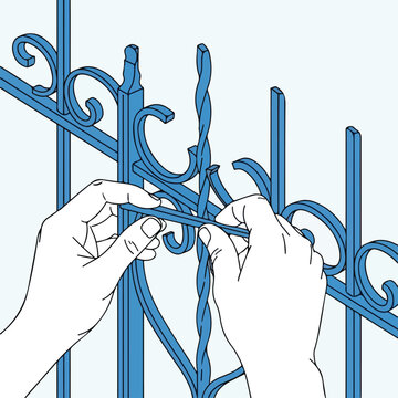 Hands installing a flat metal strip onto an ornate blue wrought iron gate, illustration
