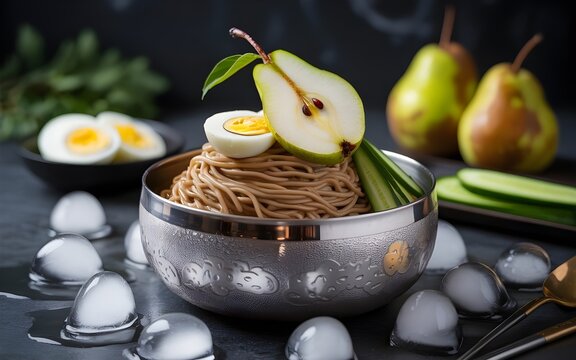 a food styling masterpiece featuring a Korean ramen bowl with boiled egg, and veggies