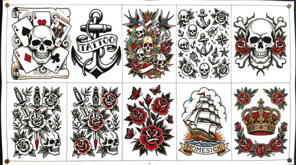 American Traditional Tattoo Flash Art Set with Skull, Anchor, Rose, Eagle, Dagger and Sailing Ship Vintage Designs © Shakhawat