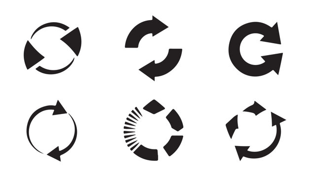 Set of black reload icons with rotating arrows for websites and mobile applications isolated on transparent back.