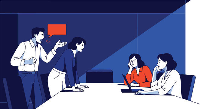 Man yells at woman in meeting; two others look frustrated and disengaged