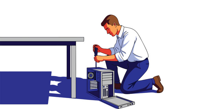 Man kneeling, repairing open computer tower with screwdriver, desk in background