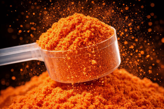 Pre-workout supplement powder explosion with a plastic scoop on vibrant orange background