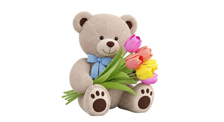 Obraz premium Teddy Bear Holding a Bouquet of Tulips