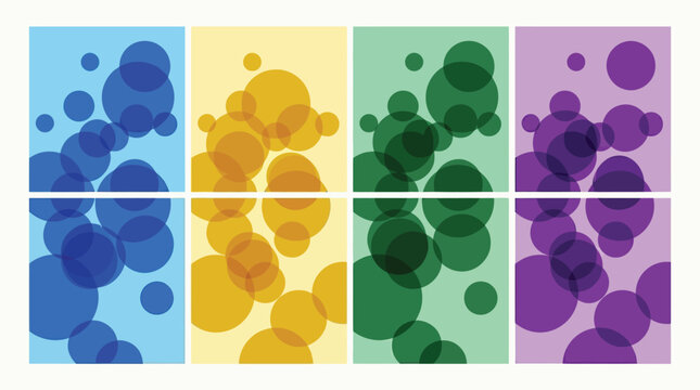 Abstract geometric circle background set, colorful translucent bubble vector patterns, minimalist bokeh spheres in blue yellow green and purple