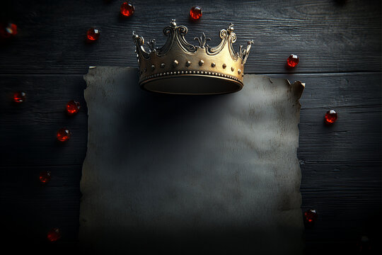 Golden crown, scattered gemstones, and king decree with copy space on an old table background.