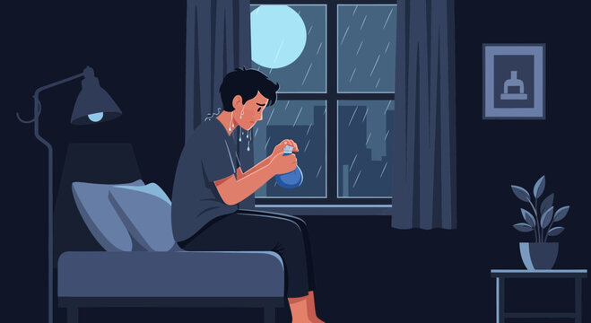 A Person Experiencing Emotional Anguish And Distress At Night During a Storm