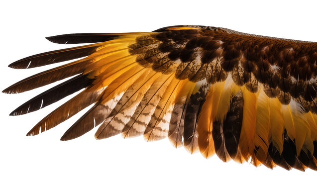 Detailed bird wing with brown and golden feathers, isolated on transparent background