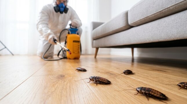 Pest control technician in protective gear spraying insecticide on wooden floor near sofa in living room.