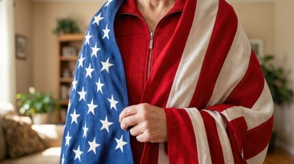 Person wrapped in american flag draped around shoulders for patriotism.