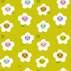 Materiał do szycia Seamless botanical texture with cute flowers characters . Flowers with eyes and smiles. Creative floral childish vector texture.