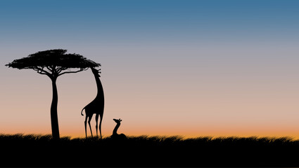 Giraffe with baby giraffe on safari at sunset, color vector illustration © OMIA