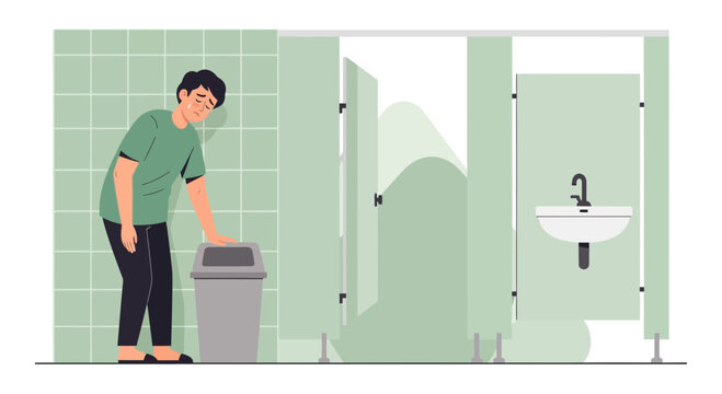 A Person Feeling Ill In a Public Restroom Standing Over a Trash Can, Conceptual Illustration