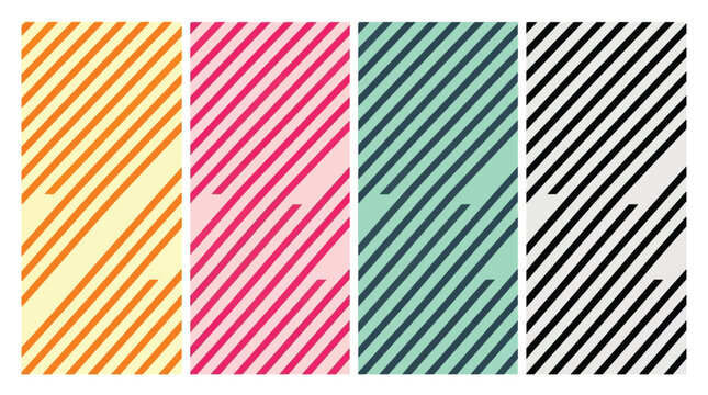 Minimalist diagonal stripe pattern set, colorful geometric line art backgrounds, modern abstract vector textures in orange pink green and black