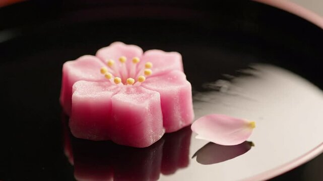 Japanese wagashi sweet shaped like a pink cherry blossom flower, delicate pastry on a black plate with a fallen petal