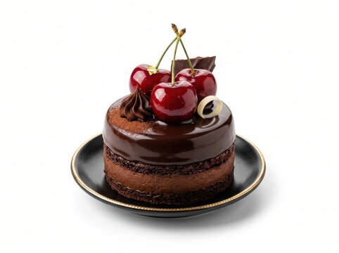 Dark Chocolate Glazed Cake with Three Cherries on Black Plate