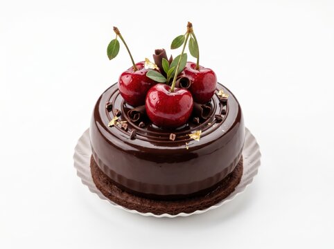 High Gloss Chocolate Glaze Cake with Fresh Cherries and Gold Leaf