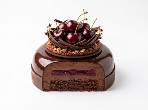 Cross Section of Chocolate Mousse Cake with Cherry Nest Topping