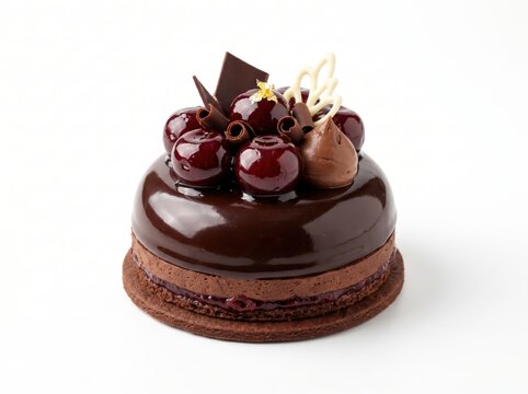 Luxurious Dome Chocolate Cake with Glazed Cherries and Gold Decor
