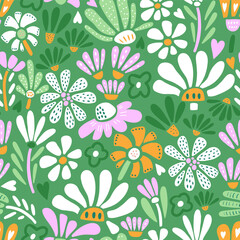 Materiał do szycia Seamless botanical texture with abstract flowers. Floral vector pattern on green background.
