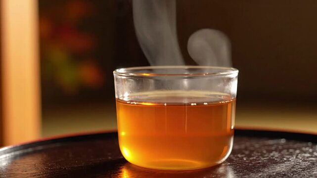 steaming hot herbal tea in a clear glass, comforting beverage with rising vapor, warm beverage for relaxation and health