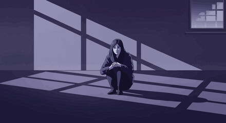 Fototapeta premium A Person In a Depressed State Sitting Alone Inside, Window Light and Shadows