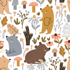 Materiał do szycia Seamless childish pattern with cute bears in autumn forest. Creative kids forest texture for fabric, wrapping, textile, wallpaper, apparel. Vector illustration