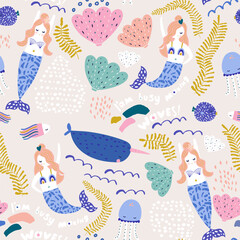 Seamless childish pattern with cute mermaids, narwal,fish and seashells. Undersea vector trendy texture.Perfect for fabric,textile,wrapping © solodkayamari