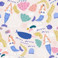 Seamless childish pattern with cute mermaids, narwal,fish and seashells. Undersea vector trendy texture.Perfect for fabric,textile,wrapping © solodkayamari