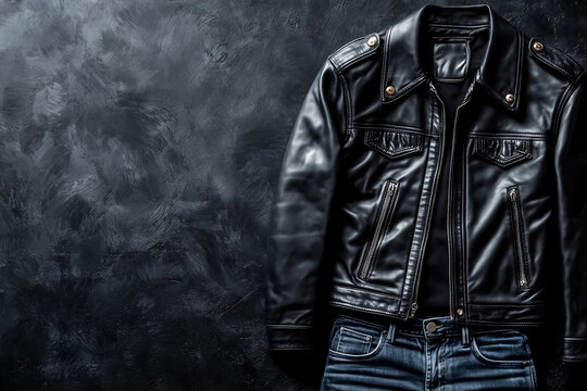 Stylish men black leather jacket and jeans on store counter of men clothing background.
