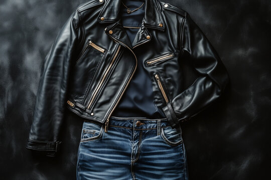 Stylish men black leather jacket and jeans on store counter of men clothing background.