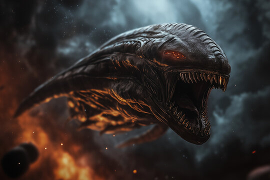 Alien spaceship in the form of a giant squid flying in space concept background.