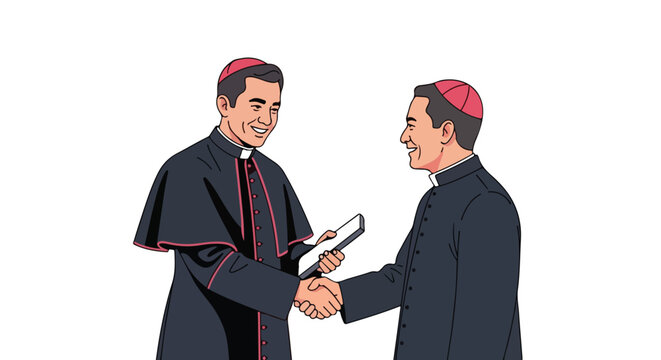 Two smiling East Asian men in clerical attire shaking hands, one holding a small tablet