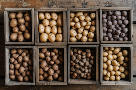Various kinds of potatoes in crates on grocery store counter top view background.