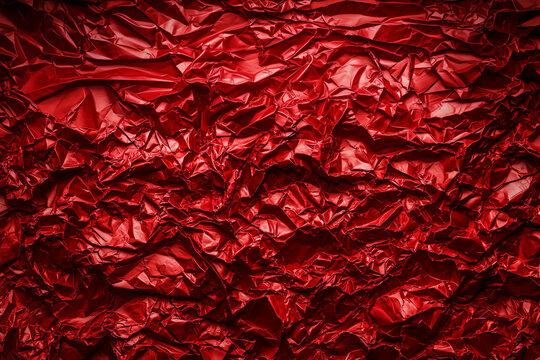 Texture of red crumpled paper background. Top view.
