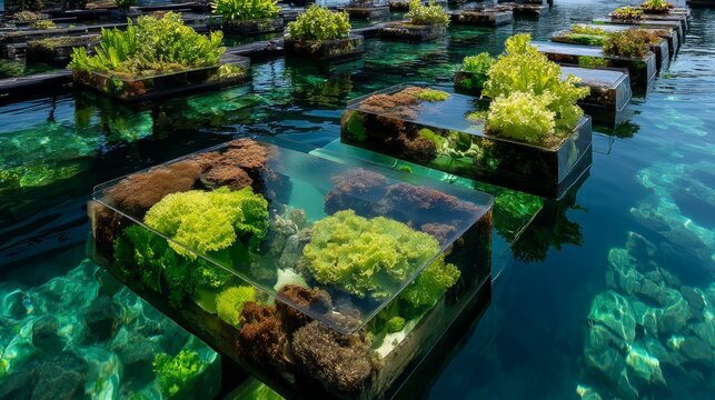 Floating algae farm in clear coastal water with glass trays of green seaweed and sustainable aquaculture rows