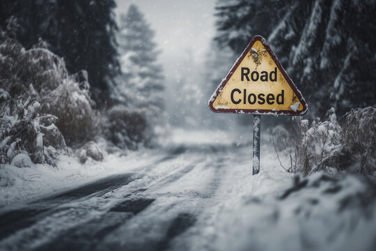 Old road sign with inscription road closed on snow covered road with snowdrifts background.