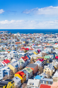 Colorful roofs of Reykjavik, capital of Iceland, from the top of the Hallgrimskirkja church